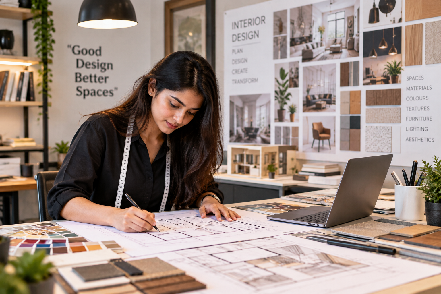 Interior designing students learning practical design skills